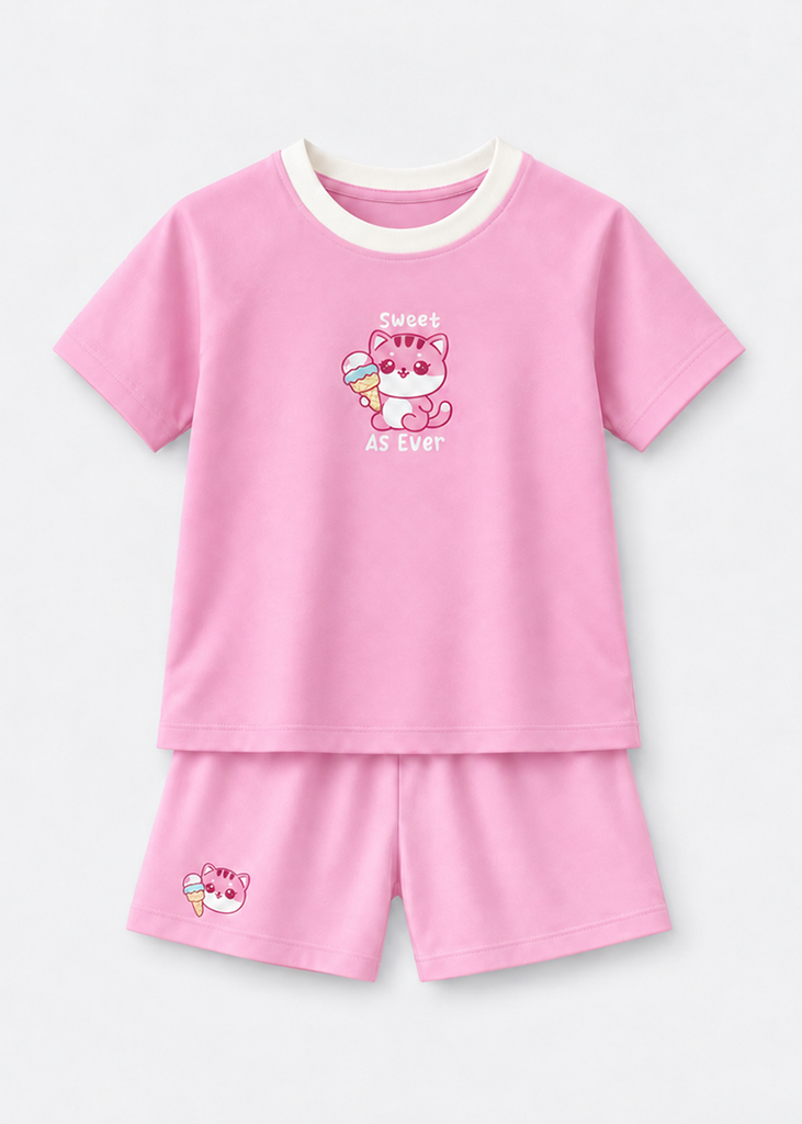 Bộ Thun Ngắn Tay Bé Gái Hồng Sweet Cat