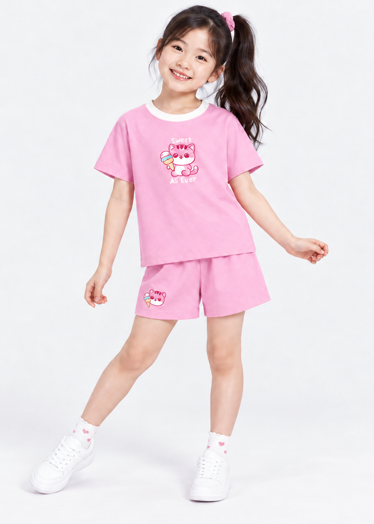 Bộ Thun Ngắn Tay Bé Gái Hồng Sweet Cat