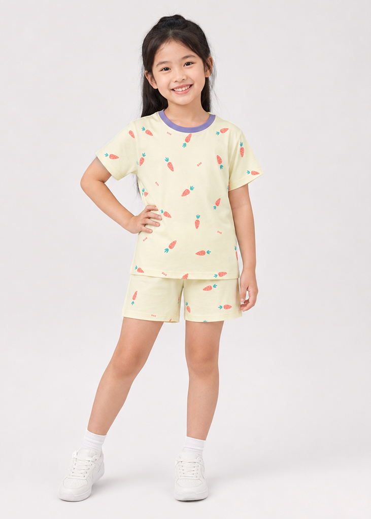 Bộ Thun Ngắn Tay Bé Gái Kem Hoạ Tiết Carrot