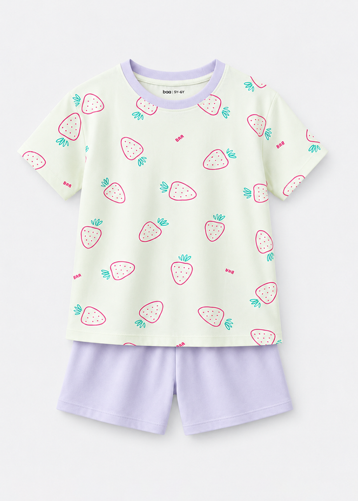 Bộ Thun Ngắn Tay Bé Gái Kem Hoạ Tiết Strawberry Phối Tím Pastel