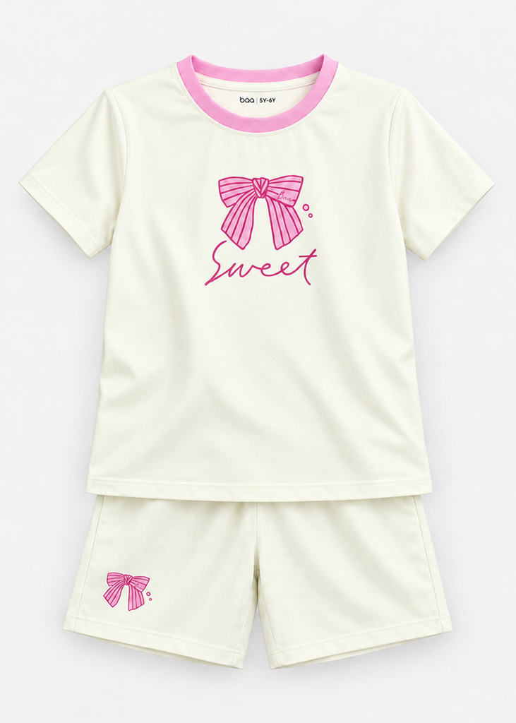 Bộ Thun Ngắn Tay Bé Gái Kem Nơ Little Sweet