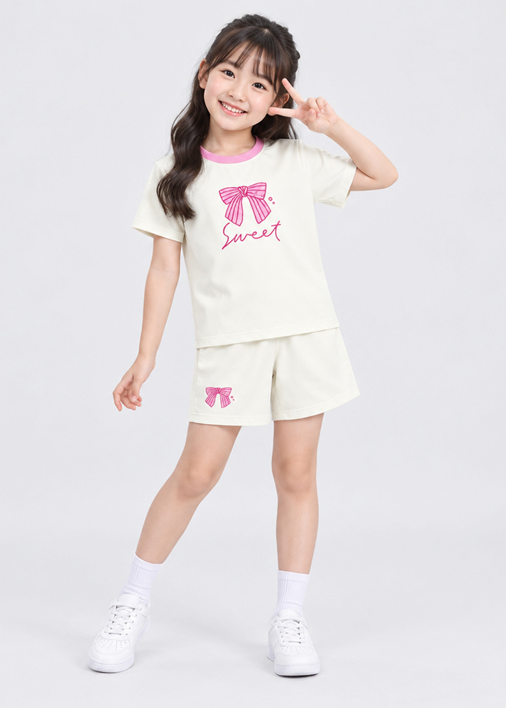 Bộ Thun Ngắn Tay Bé Gái Kem Nơ Little Sweet