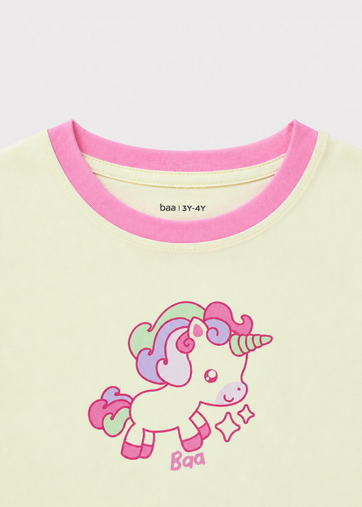 Bộ Thun Ngắn Tay Bé Gái Kem Unicorn Phối Hồng