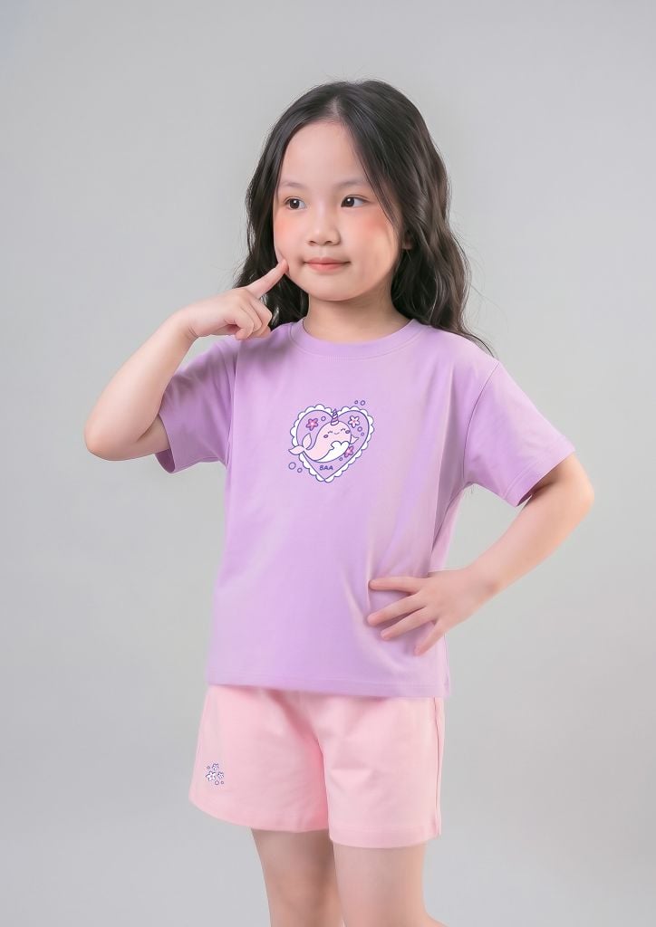 Bộ Thun Ngắn Tay Bé Gái Tím Cá Voi Phối Hồng