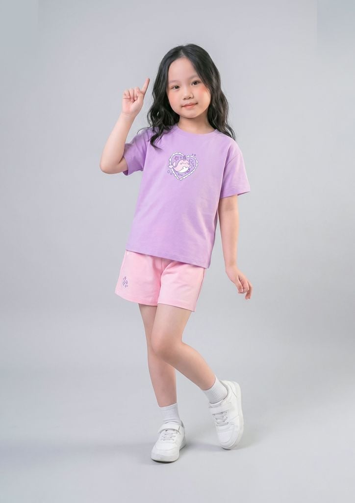 Bộ Thun Ngắn Tay Bé Gái Tím Cá Voi Phối Hồng