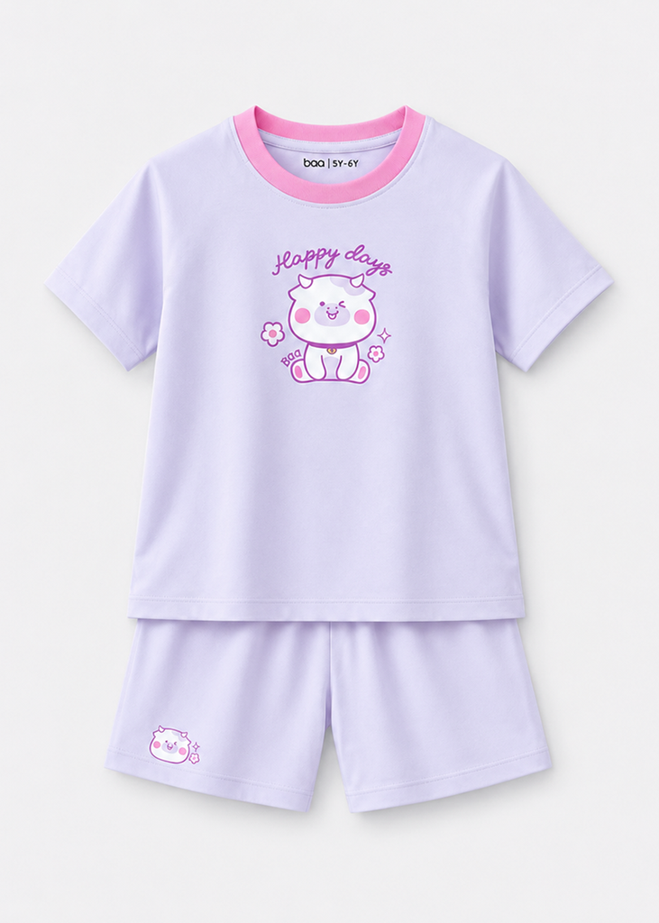 Bộ Thun Ngắn Tay Bé Gái Tím Pastel Happy Days
