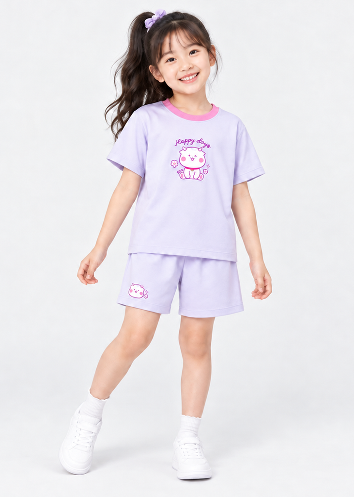 Bộ Thun Ngắn Tay Bé Gái Tím Pastel Happy Days