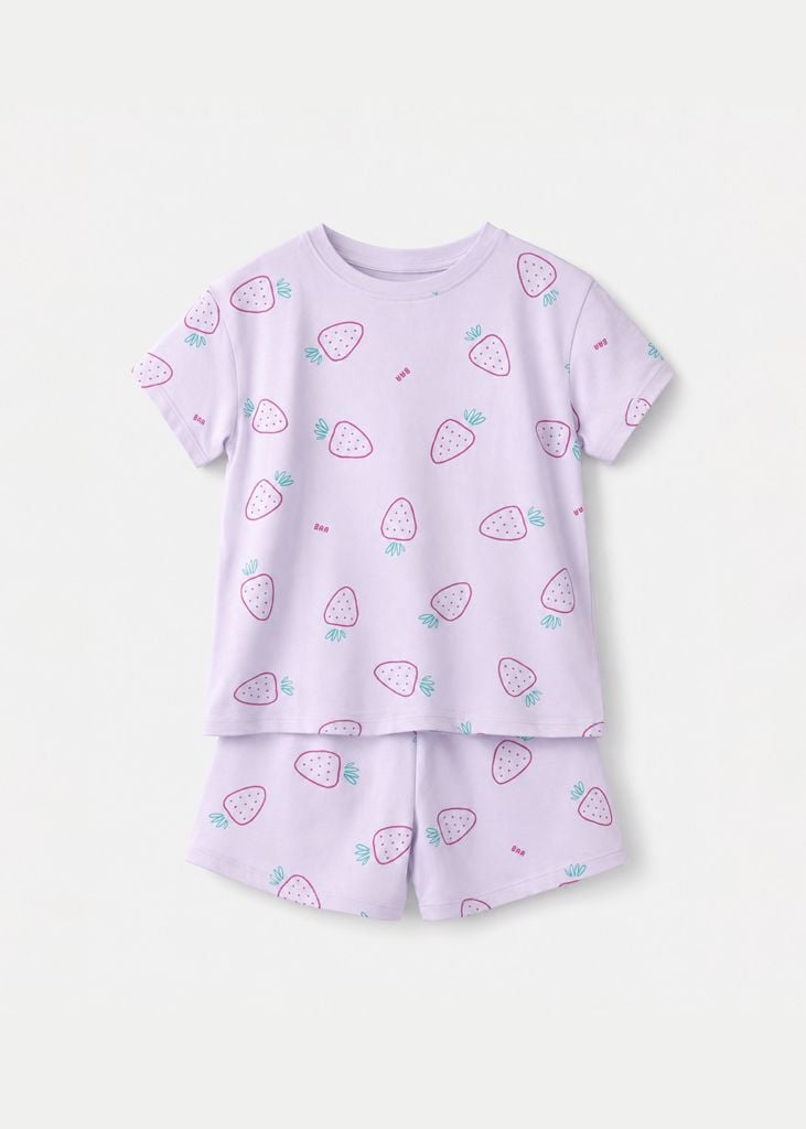 Bộ Thun Ngắn Tay Bé Gái Tím Pastel Hoạ Tiết Strawberry
