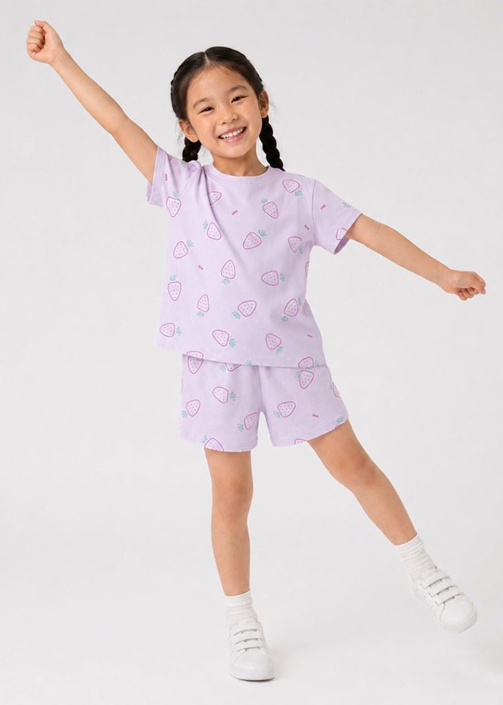 Bộ Thun Ngắn Tay Bé Gái Tím Pastel Hoạ Tiết Strawberry