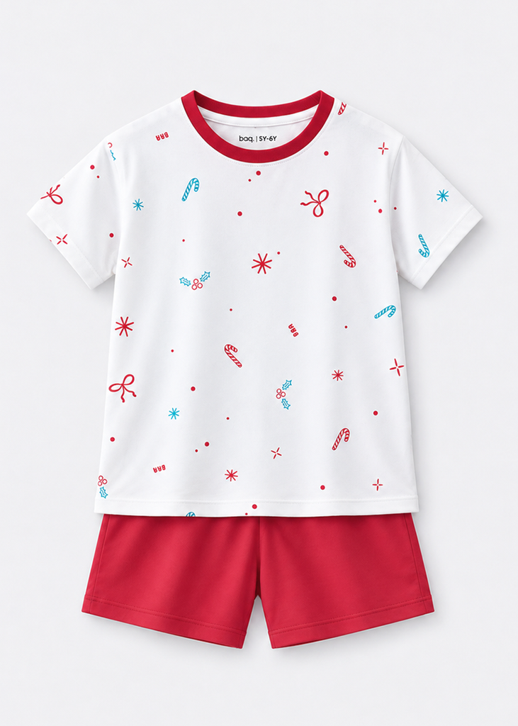 Bộ Thun Ngắn Tay Bé Gái Trắng Hoạ Tiết Sweet Sparkle Phối Đỏ