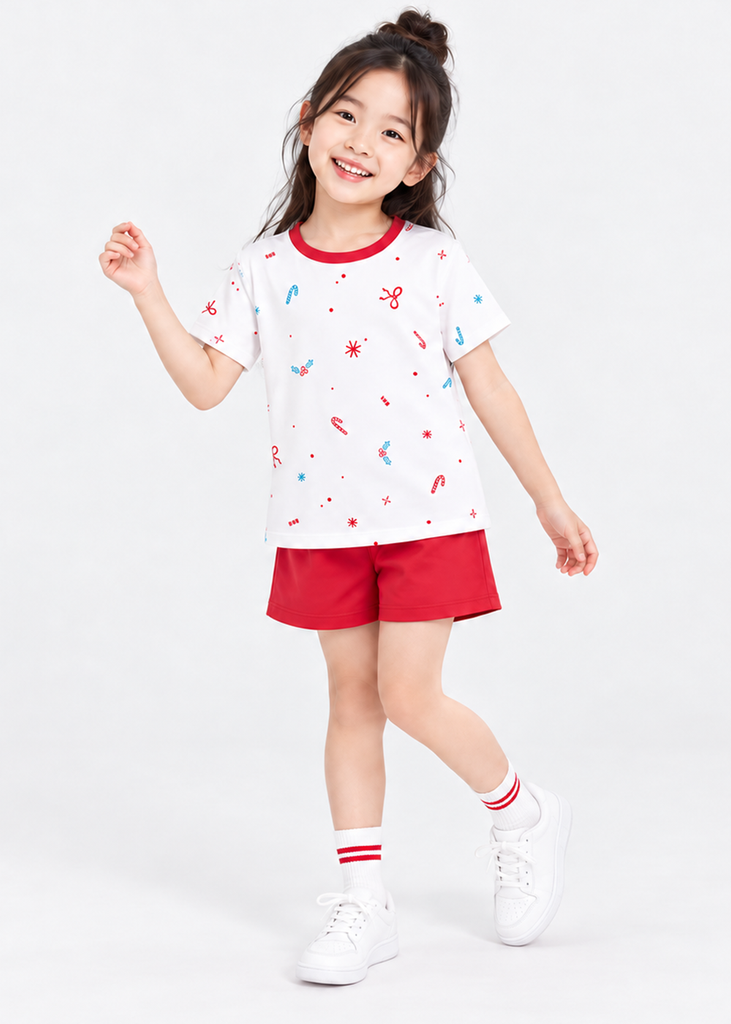 Bộ Thun Ngắn Tay Bé Gái Trắng Hoạ Tiết Sweet Sparkle Phối Đỏ