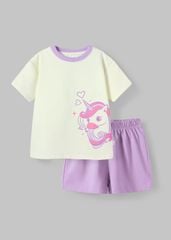 Bộ Thun Ngắn Tay Form Rộng Bé Gái Trắng Kem Unicorn Phối Tím