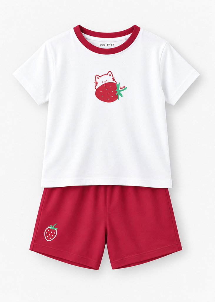 Bộ Thun Ngắn Tay Bé Gái Trắng Strawberry Cat Phối Đỏ