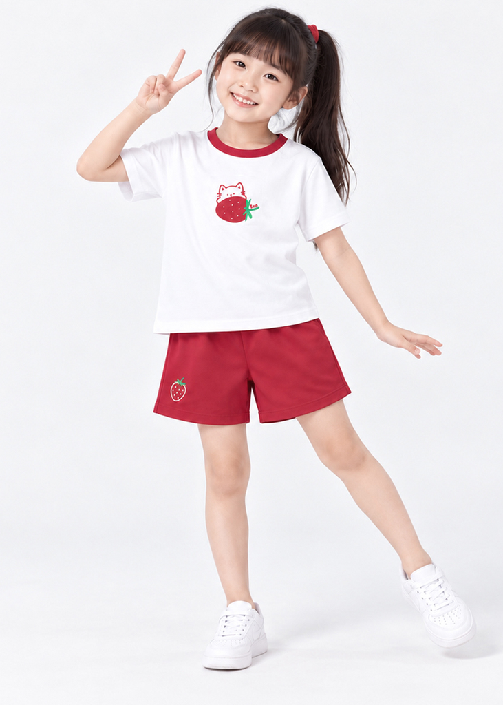 Bộ Thun Ngắn Tay Bé Gái Trắng Strawberry Cat Phối Đỏ