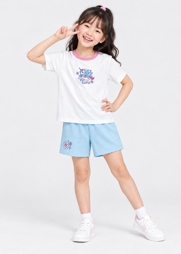 Bộ Thun Ngắn Tay Bé Gái Trắng Unicorn Phối Xanh Biển