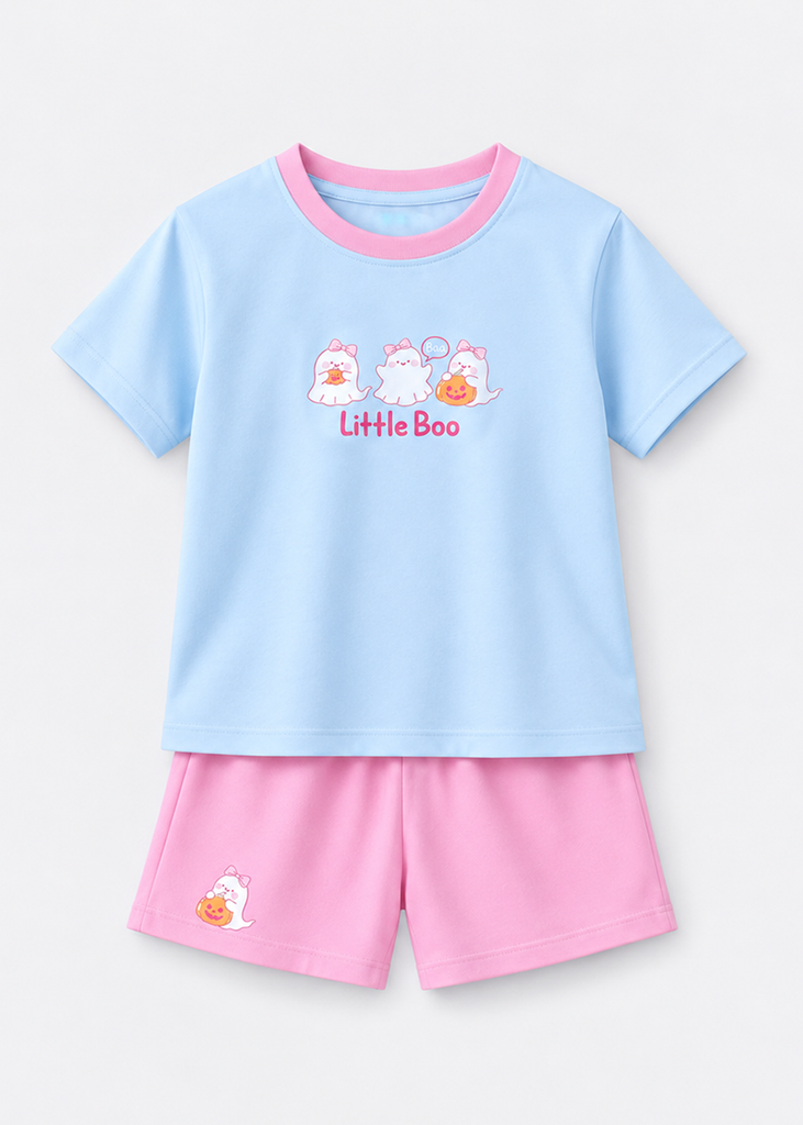 Bộ Thun Ngắn Tay Bé Gái Xanh Biển Little Boo Phối Hồng Pastel