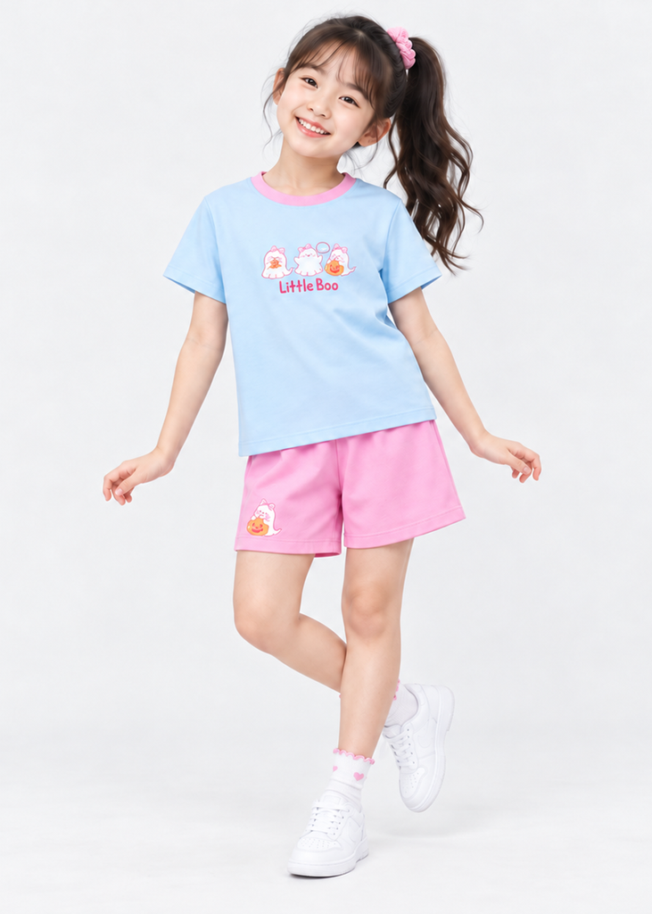 Bộ Thun Ngắn Tay Bé Gái Xanh Biển Little Boo Phối Hồng Pastel