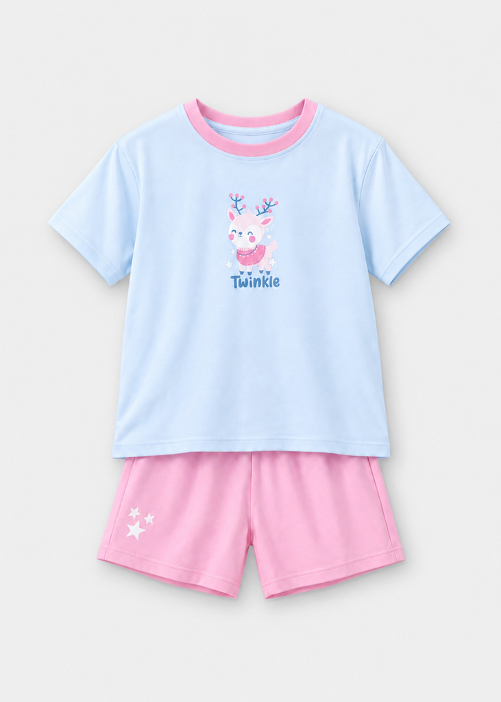 Bộ Thun Ngắn Tay Bé Gái Xanh Biển Little Twinkle Phối Hồng