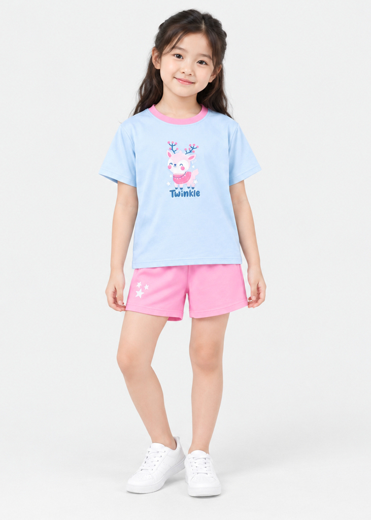 Bộ Thun Ngắn Tay Bé Gái Xanh Biển Little Twinkle Phối Hồng