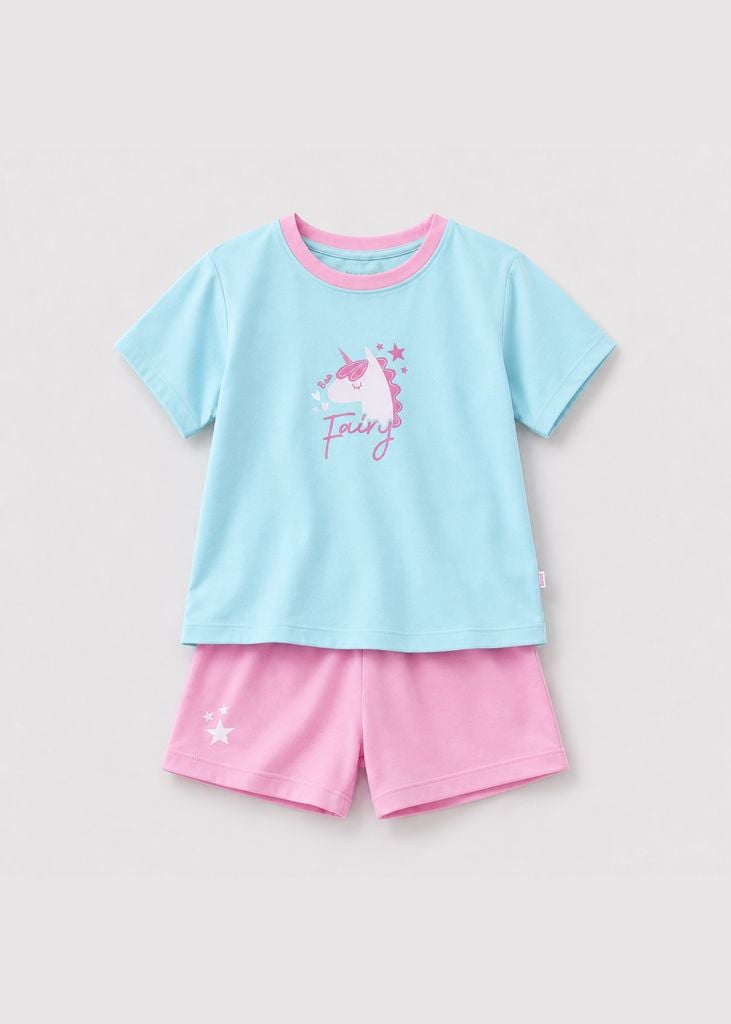 Bộ Thun Ngắn Tay Bé Gái Xanh Biển Unicorn Phối Hồng 02