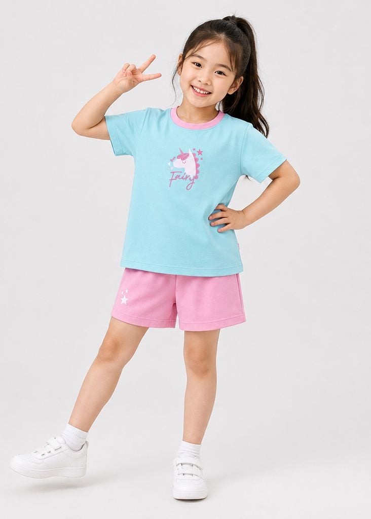 Bộ Thun Ngắn Tay Bé Gái Xanh Biển Unicorn Phối Hồng 02