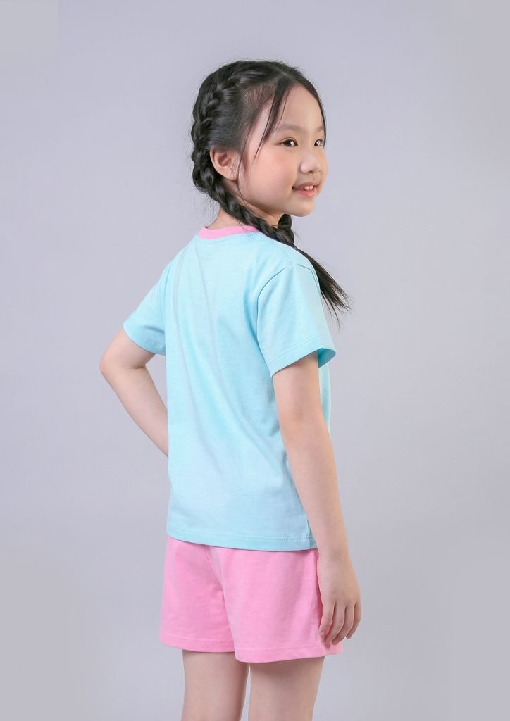 Bộ Thun Ngắn Tay Bé Gái Xanh Biển Unicorn Phối Hồng