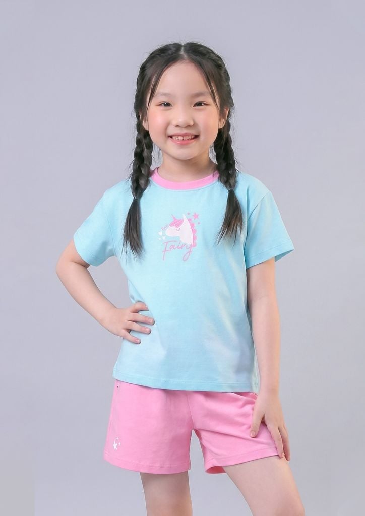 Bộ Thun Ngắn Tay Bé Gái Xanh Biển Unicorn Phối Hồng