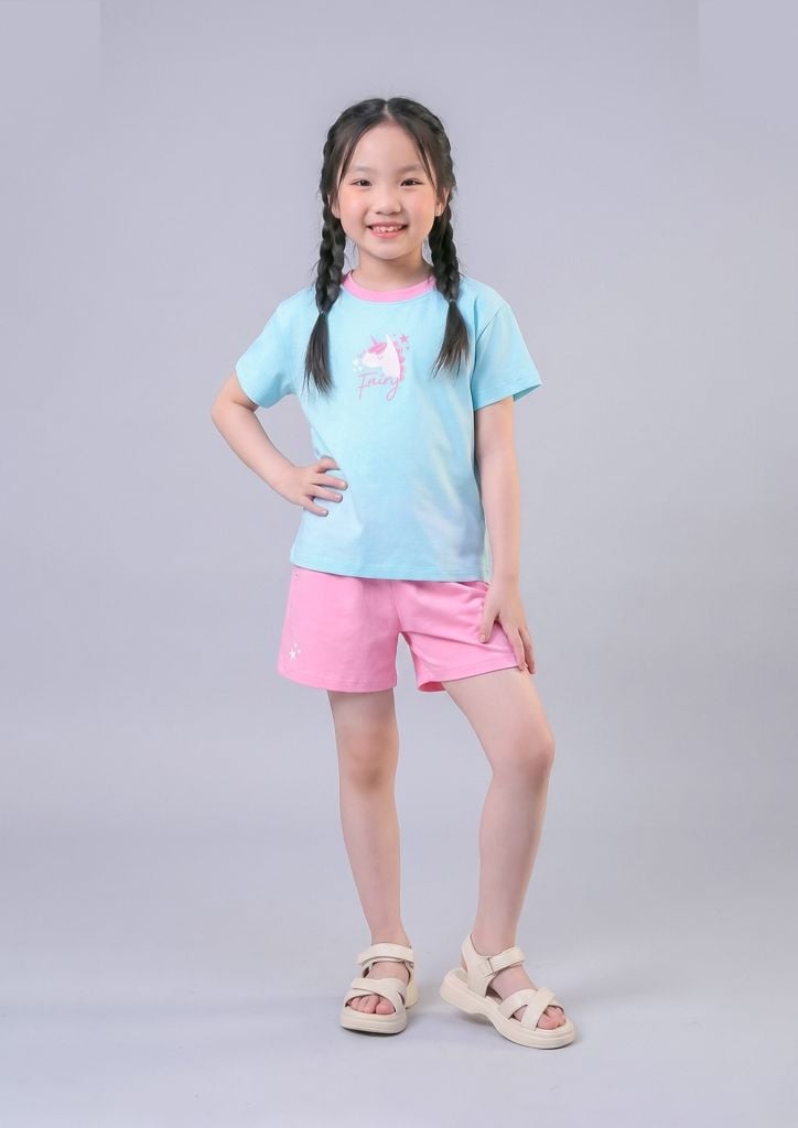 Bộ Thun Ngắn Tay Bé Gái Xanh Biển Unicorn Phối Hồng
