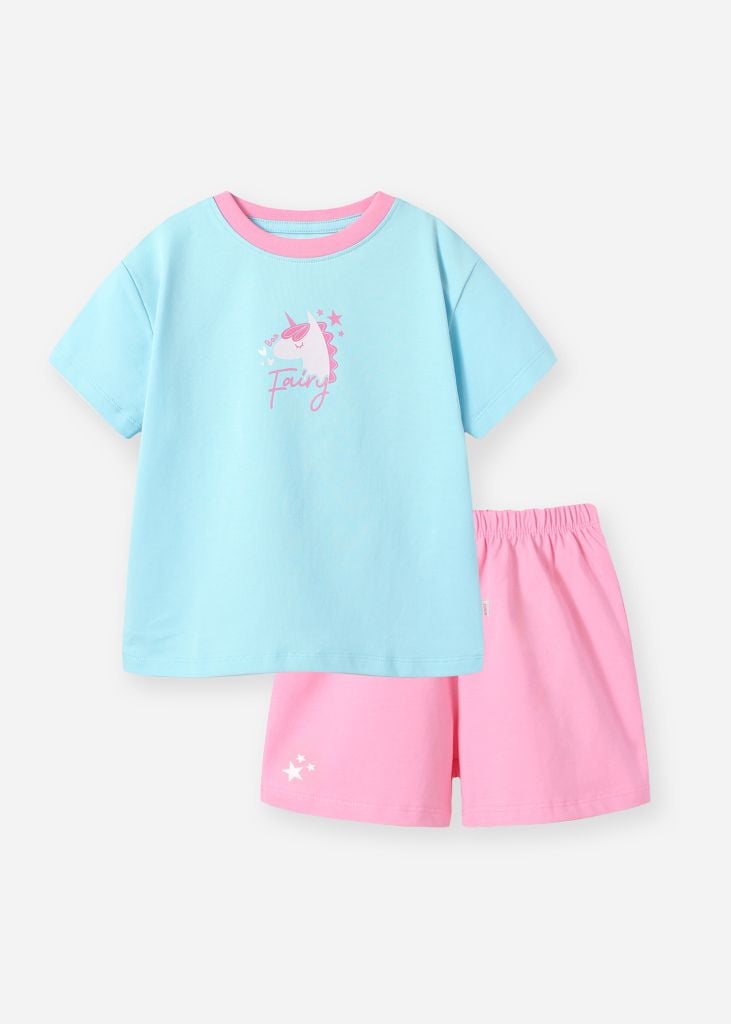 Bộ Thun Ngắn Tay Bé Gái Xanh Biển Unicorn Phối Hồng