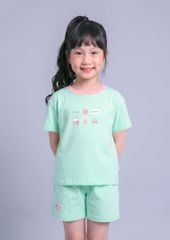 Bộ Thun Ngắn Tay Bé Gái Xanh Mint Happy Life