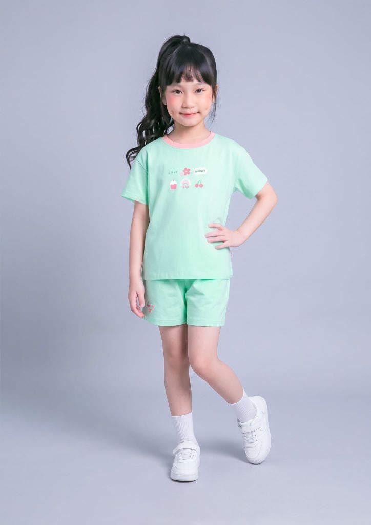 Bộ Thun Ngắn Tay Bé Gái Xanh Mint Happy Life
