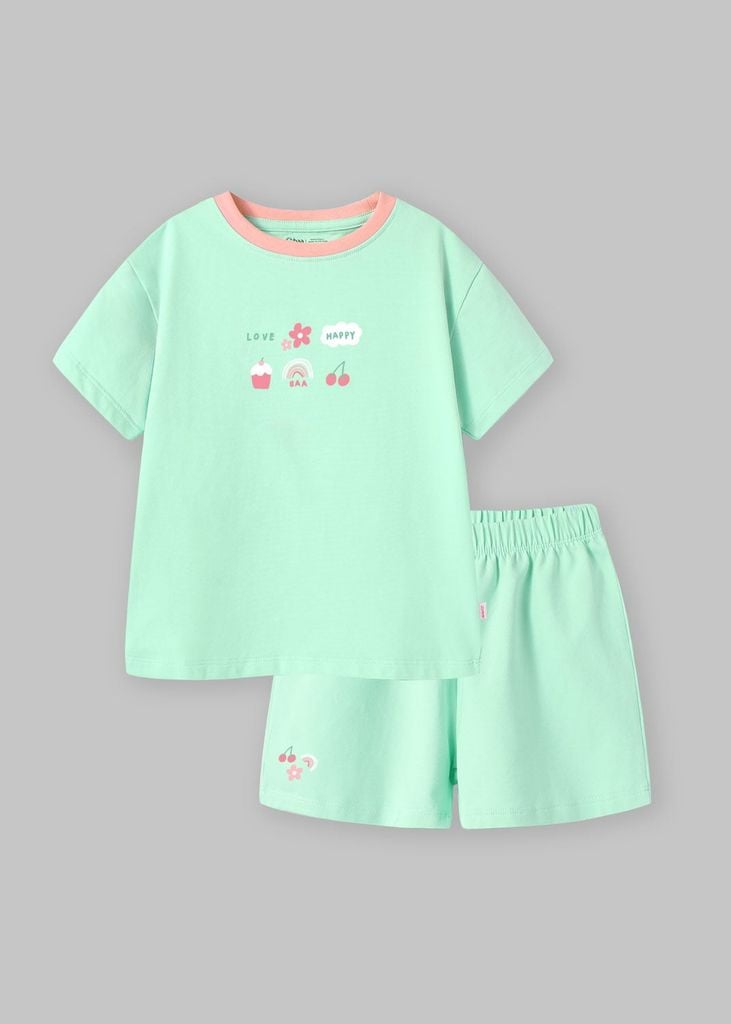 Bộ Thun Ngắn Tay Bé Gái Xanh Mint Happy Life