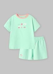 Bộ Thun Ngắn Tay Bé Gái Xanh Mint Happy Life