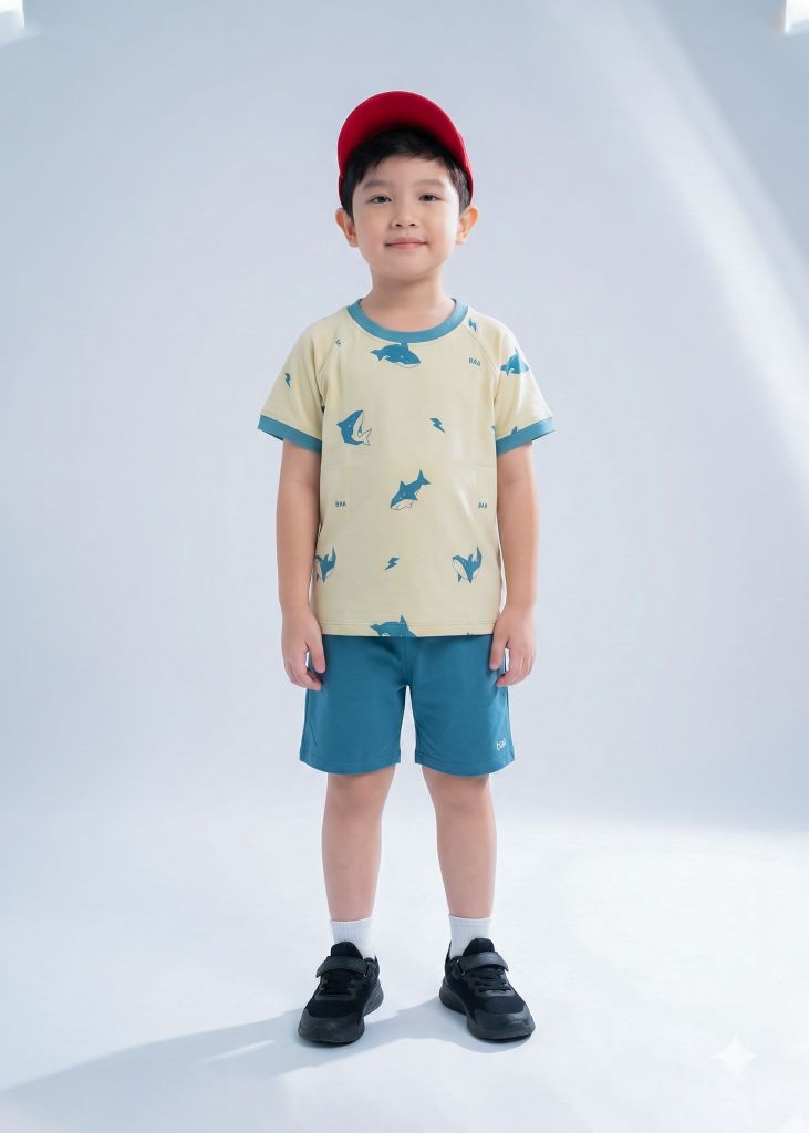 Bộ Thun Ngắn Tay Bé Trai Be Cá Mập Phối Xanh