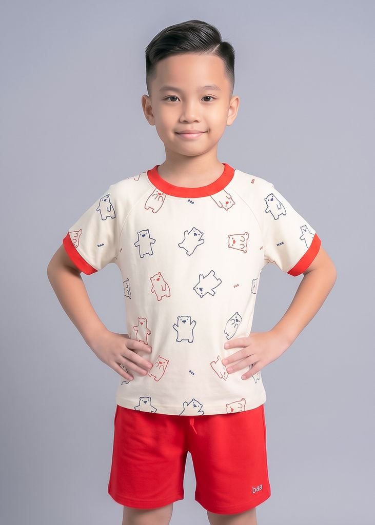 Bộ Thun Ngắn Tay Bé Trai Be Hoạ Tiết Happy Bear Phối Đỏ