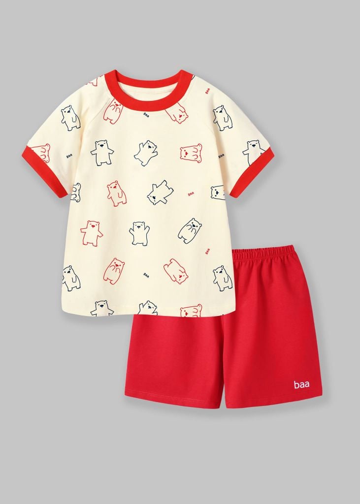 Bộ Thun Ngắn Tay Bé Trai Be Hoạ Tiết Happy Bear Phối Đỏ