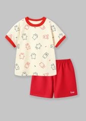 Bộ Thun Ngắn Tay Bé Trai Be Hoạ Tiết Happy Bear Phối Đỏ
