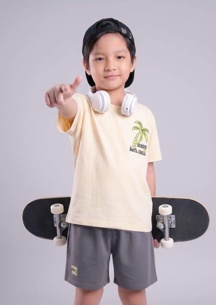 Bộ Thun Ngắn Tay Bé Trai Be Summer Chill Phối Xám