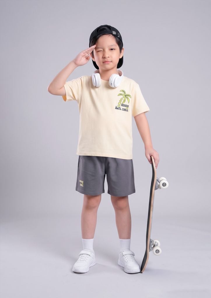 Bộ Thun Ngắn Tay Bé Trai Be Summer Chill Phối Xám