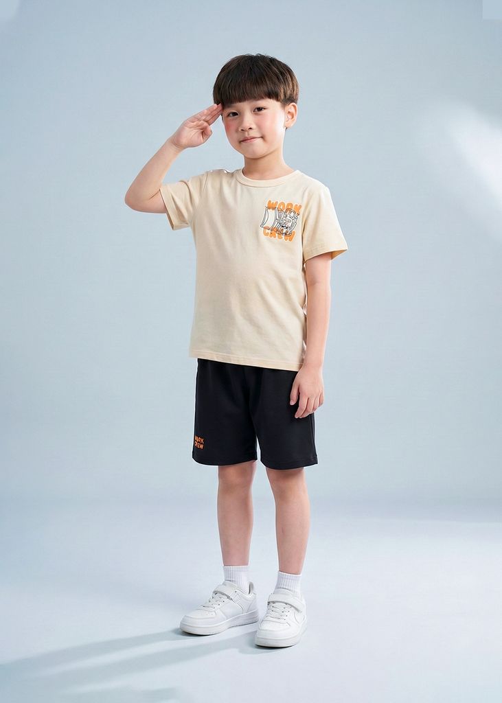 Bộ Thun Ngắn Tay Bé Trai Be Work Crew Phối Xanh