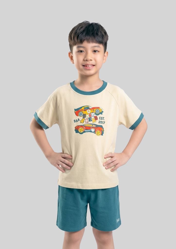 Bộ Thun Ngắn Tay Bé Trai Be Xe Đua Phối Xanh