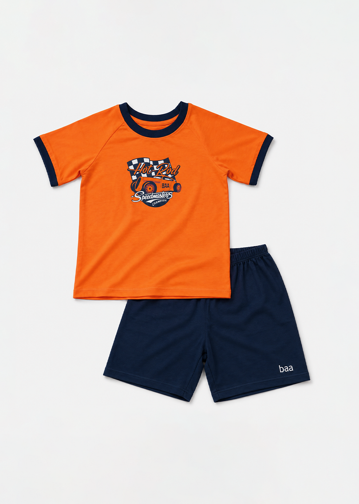 Bộ Thun Ngắn Tay Bé Trai Cam Xe Đua Phối Navy