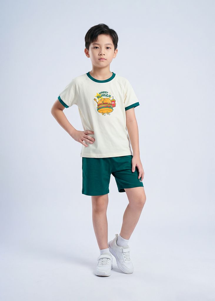Bộ Thun Ngắn Tay Bé Trai Kem Burger Phối Xanh Lá