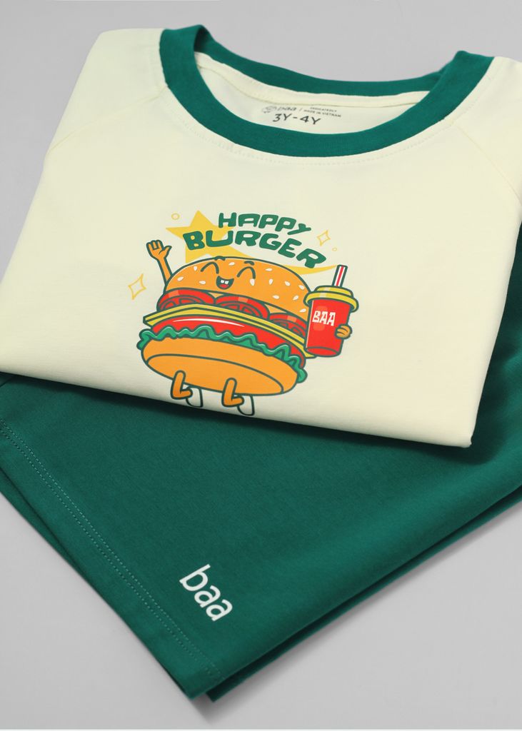 Bộ Thun Ngắn Tay Bé Trai Kem Burger Phối Xanh Lá