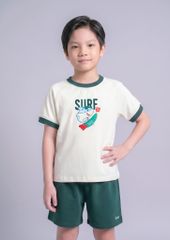 Bộ Thun Ngắn Tay Bé Trai Kem Cá Mập Surfing Phối Xanh Lá