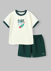 Bộ Thun Ngắn Tay Bé Trai Kem Cá Mập Surfing Phối Xanh Lá