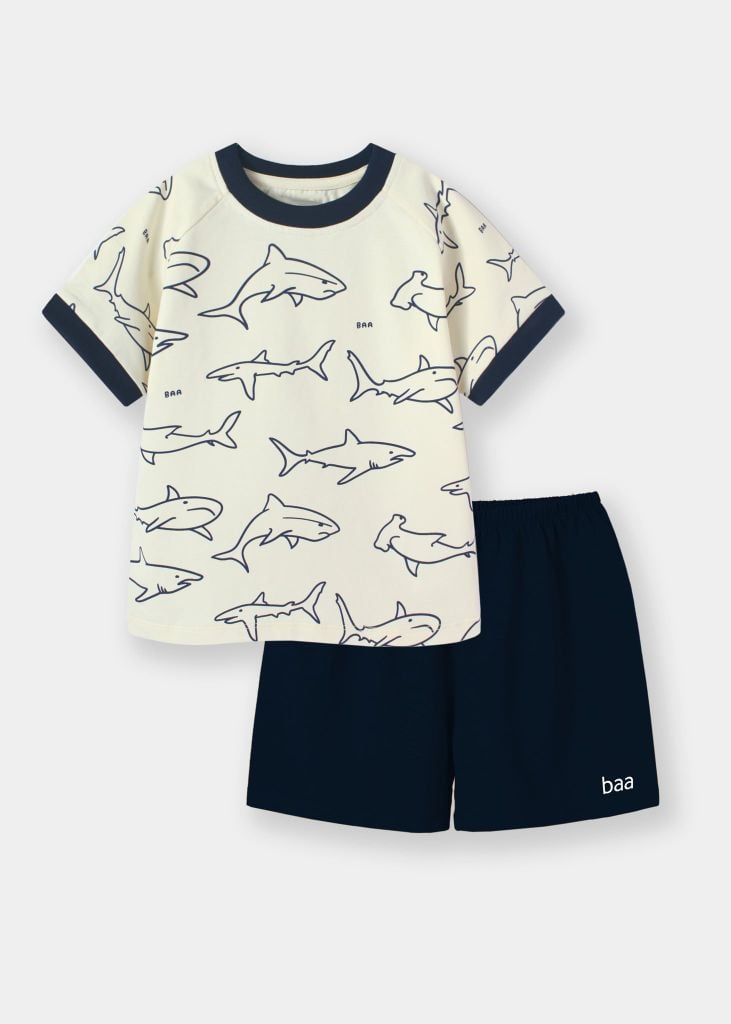 Bộ Thun Ngắn Tay Bé Trai Kem Hoạ Tiết Cá Mập Phối Navy 02