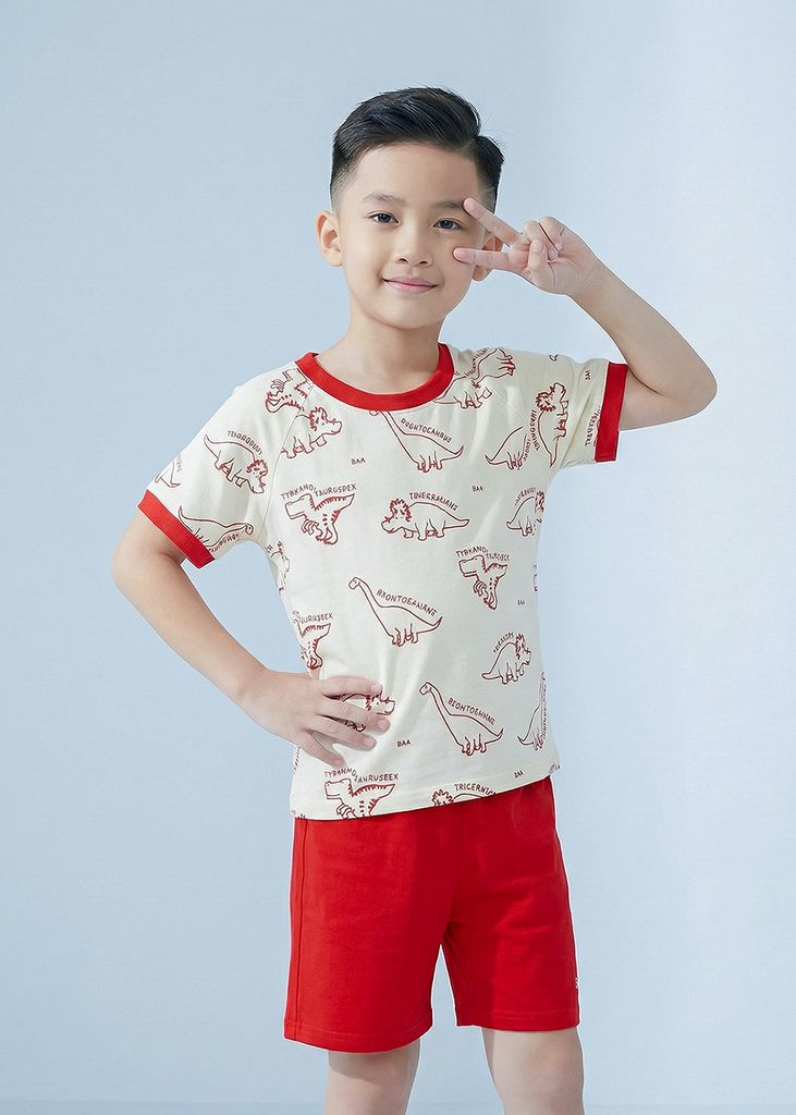 Bộ Thun Ngắn Tay Bé Trai Kem Hoạ Tiết Khủng Long Phối Đỏ