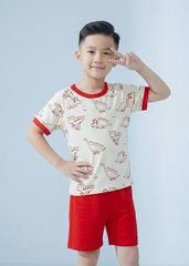 Bộ Thun Ngắn Tay Bé Trai Kem Hoạ Tiết Khủng Long Phối Đỏ