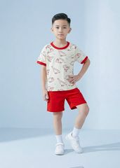 Bộ Thun Ngắn Tay Bé Trai Kem Hoạ Tiết Khủng Long Phối Đỏ